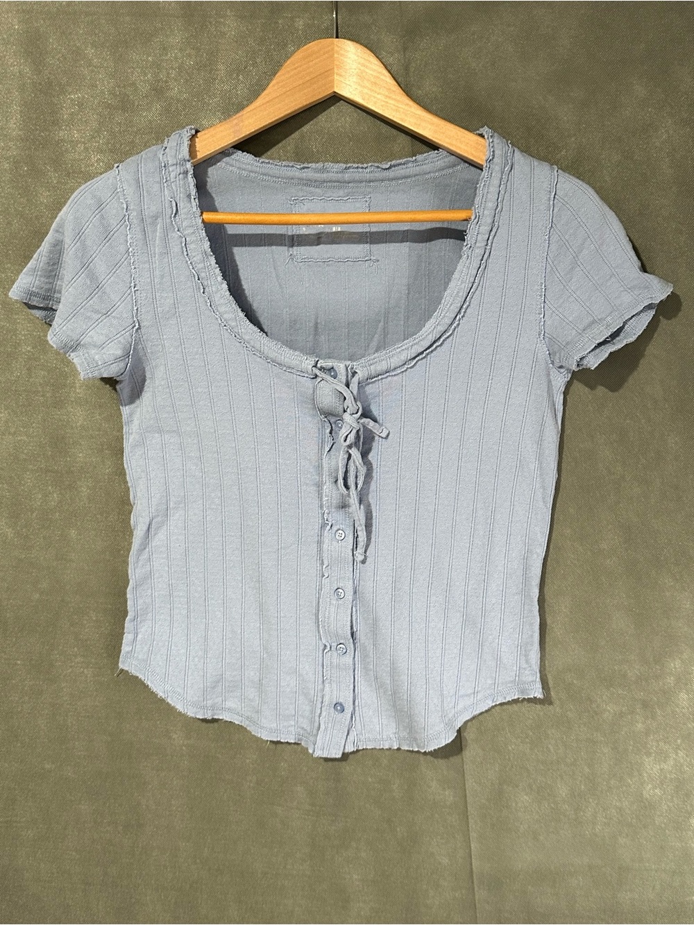 Aerie Light Blue Ribbed Tie-Front Raw Edge Crop Top Women's Medium